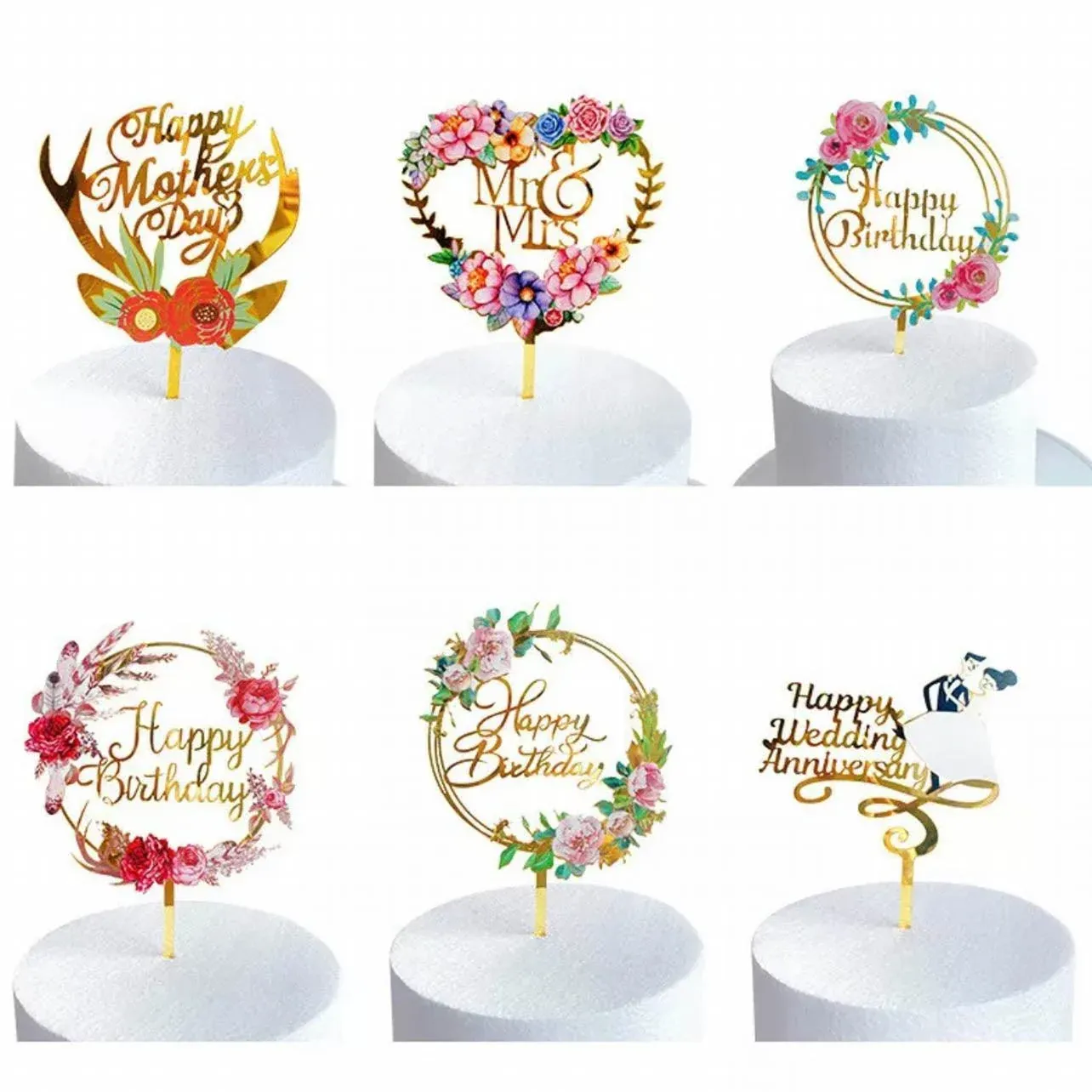 Happy Birthday Anniversary Wedding Cake Flowers Topper Acrylic Party view 10