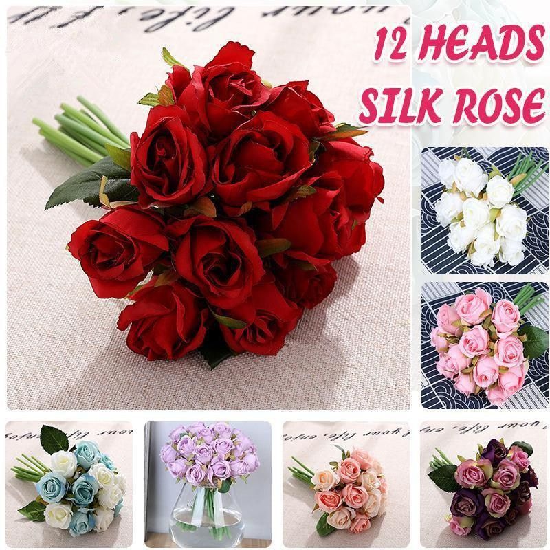 12 Heads Silk Rose Artificial Flowers Fake Bouquet - Champagne view 2