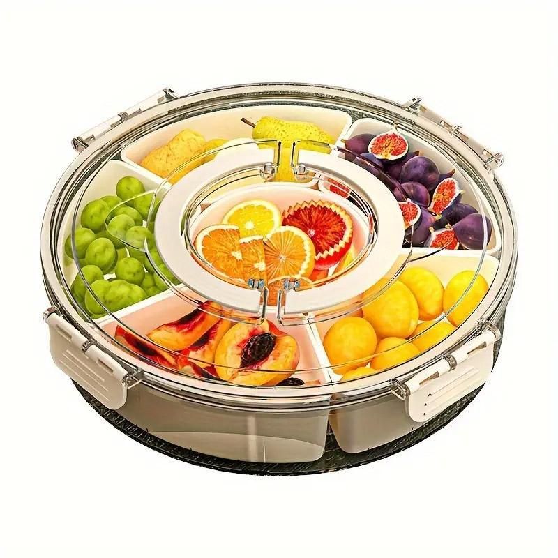 Six Compartment Rotary Fruit Plate Portable Round Snack Box with Lid for Home view 2
