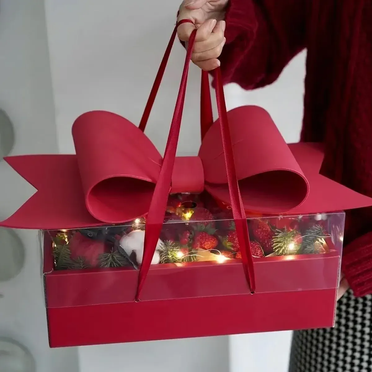 Clear Handheld Flower Gift Box Bow Fruit Flower Packaging Display Box Floral view 8