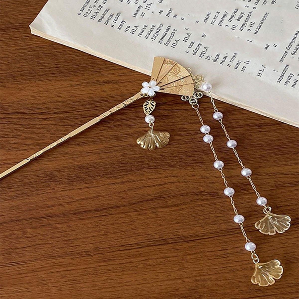 Chinese Style Hanfu Hairpin Folding Fan Fringe Headdress Accessories view 4