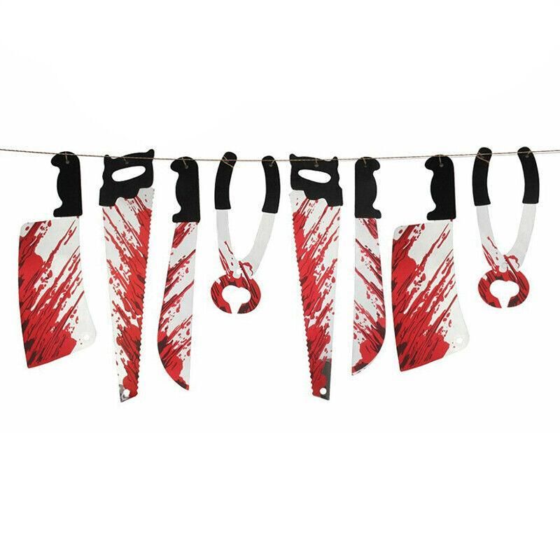 8Pcs Hanging Bloody Weapons Halloween Horror Props Garland Banner Decoration Au view 2