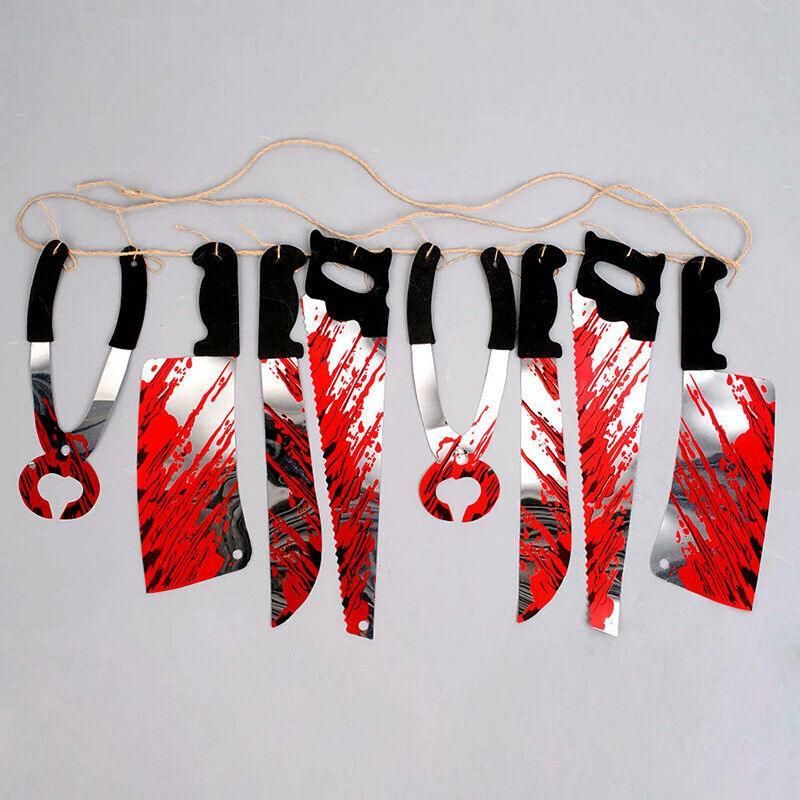 8Pcs Hanging Bloody Weapons Halloween Horror Props Garland Banner Decoration Au view 10