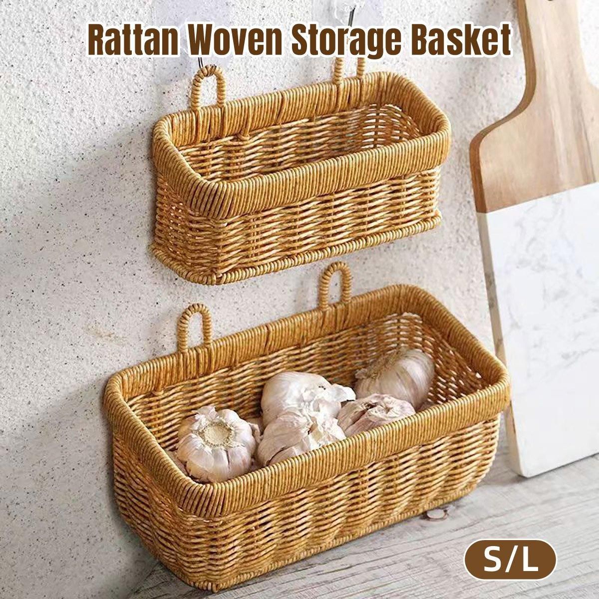 Wall-Mounted Rattan Style Hanging Storage Basket Kitchen Vegetable Fruit view 2