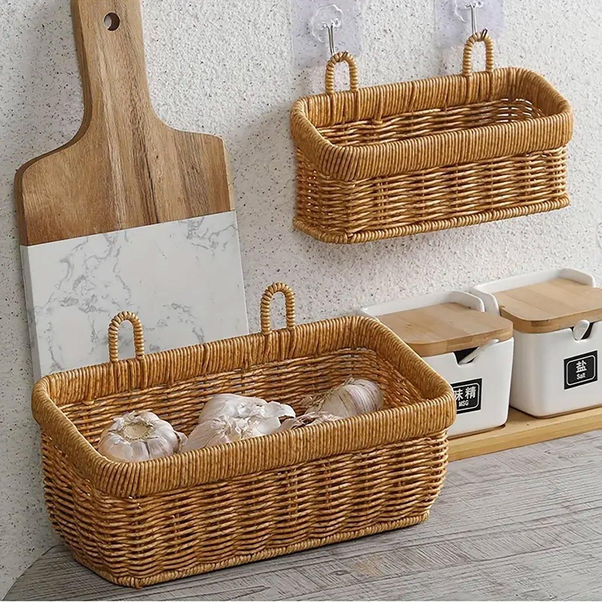 Wall-Mounted Rattan Style Hanging Storage Basket Kitchen Vegetable Fruit view 5