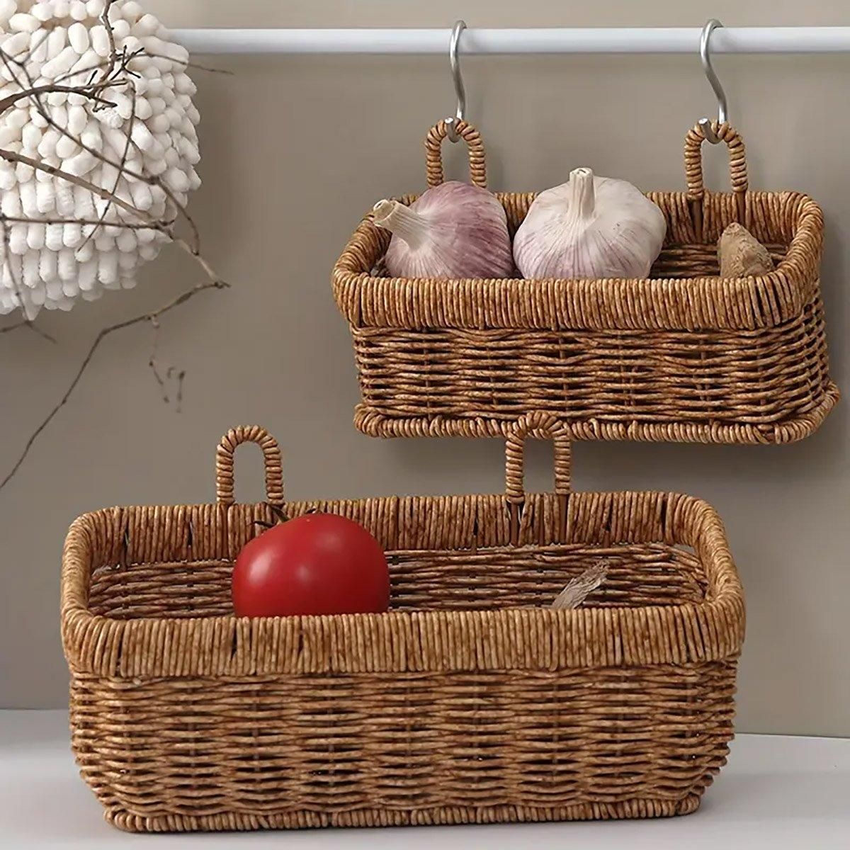Wall-Mounted Rattan Style Hanging Storage Basket Kitchen Vegetable Fruit view 6