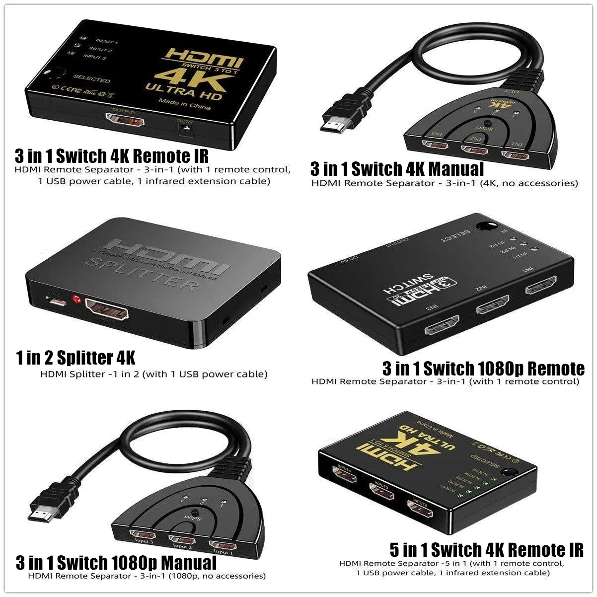 HDMI Switch Splitter 3-in-1 5-in-1 or 1-in-2 1080p 4K Manual or Remote Options view 4
