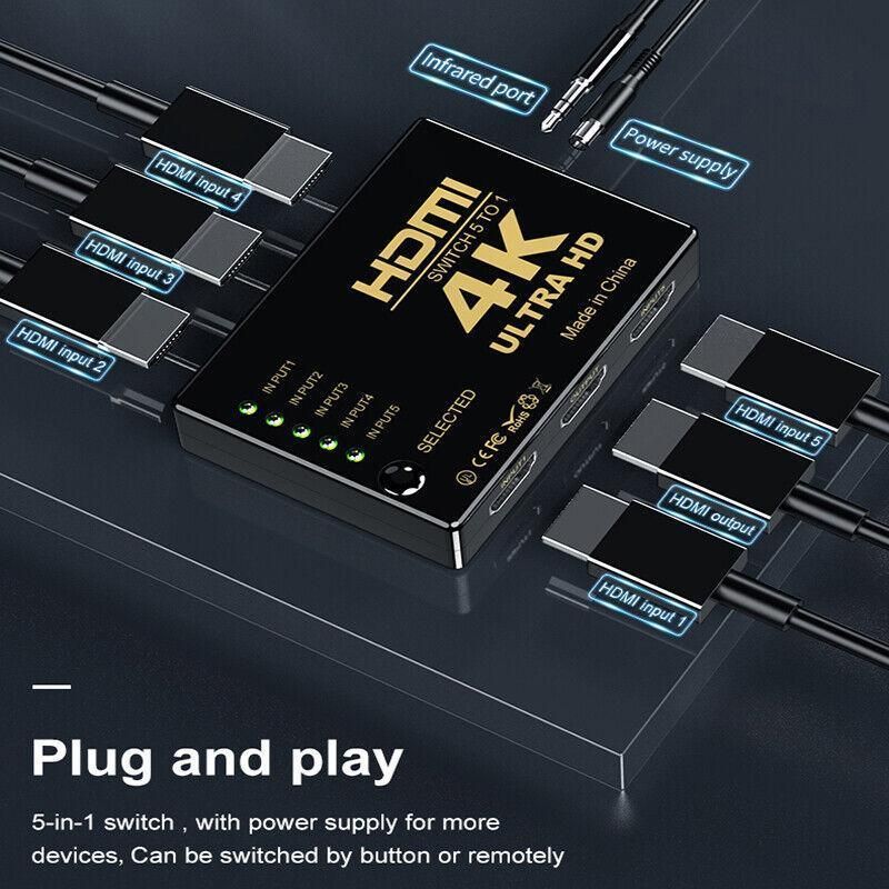 HDMI Switch Splitter 3-in-1 5-in-1 or 1-in-2 1080p 4K Manual or Remote Options view 7