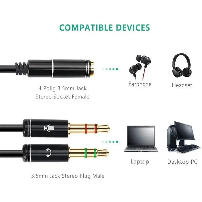3.5mm AUX Cable Mic Audio Splitter Extension Headphone Adapter Male to Female view 7
