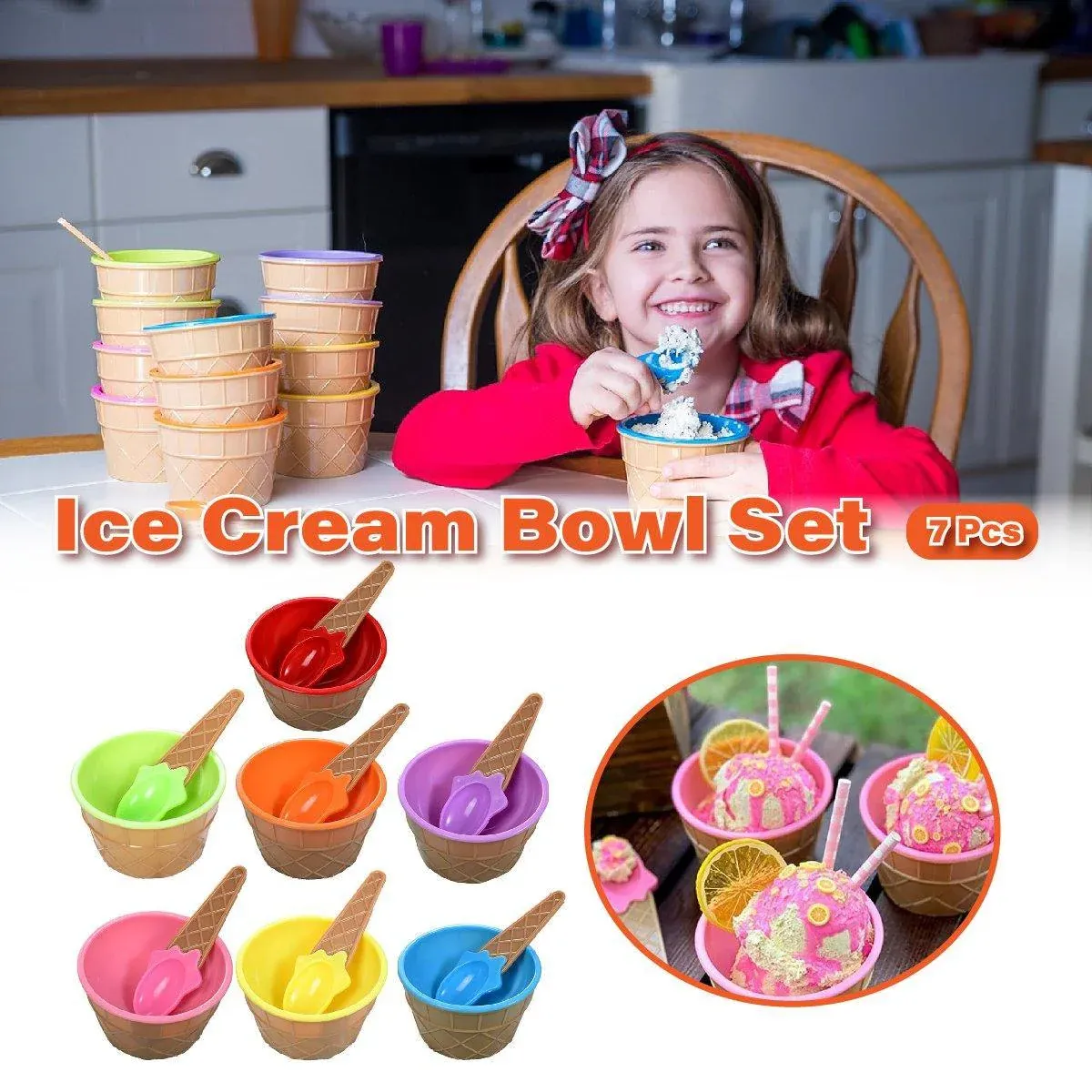 7Pc Set Colourful Ice Cream Cups and Bowls with Spoons Dessert Gift Set