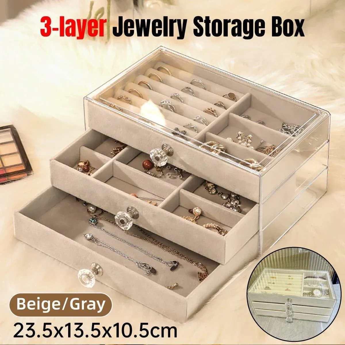 Three Layer Flannel Jewelry Storage Box Dustproof Drawer Organizer for view 2