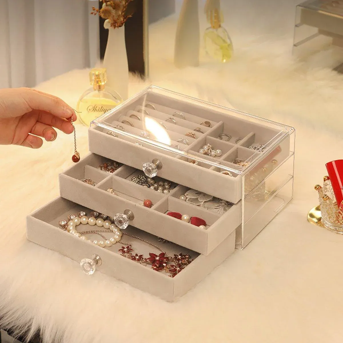 Three Layer Flannel Jewelry Storage Box Dustproof Drawer Organizer for view 5