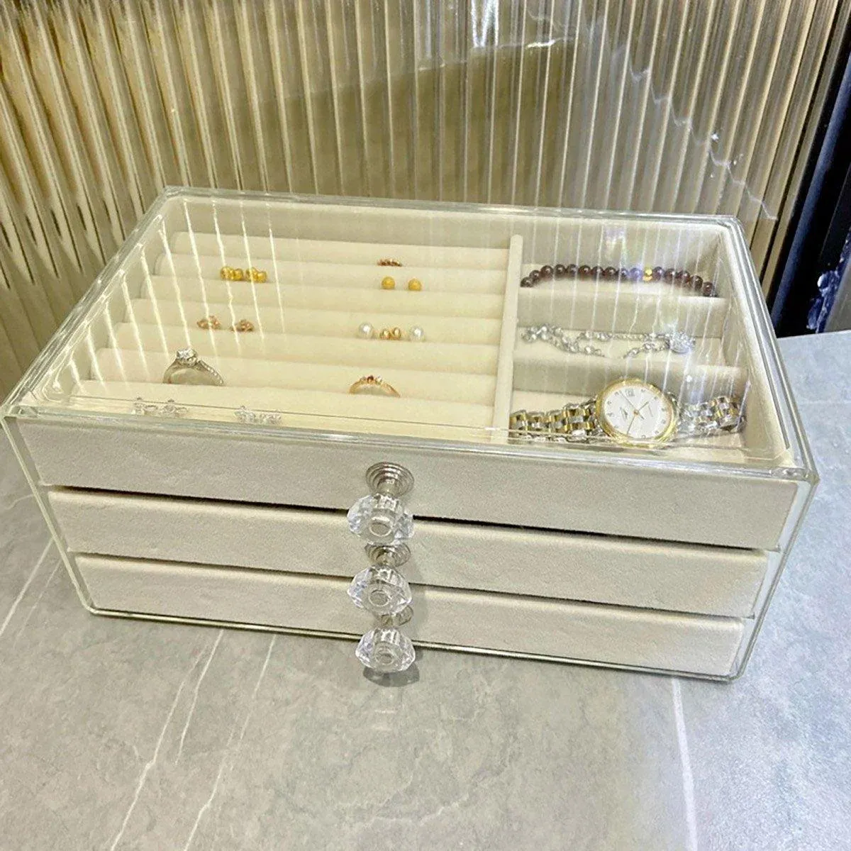 Three Layer Flannel Jewelry Storage Box Dustproof Drawer Organizer for view 6