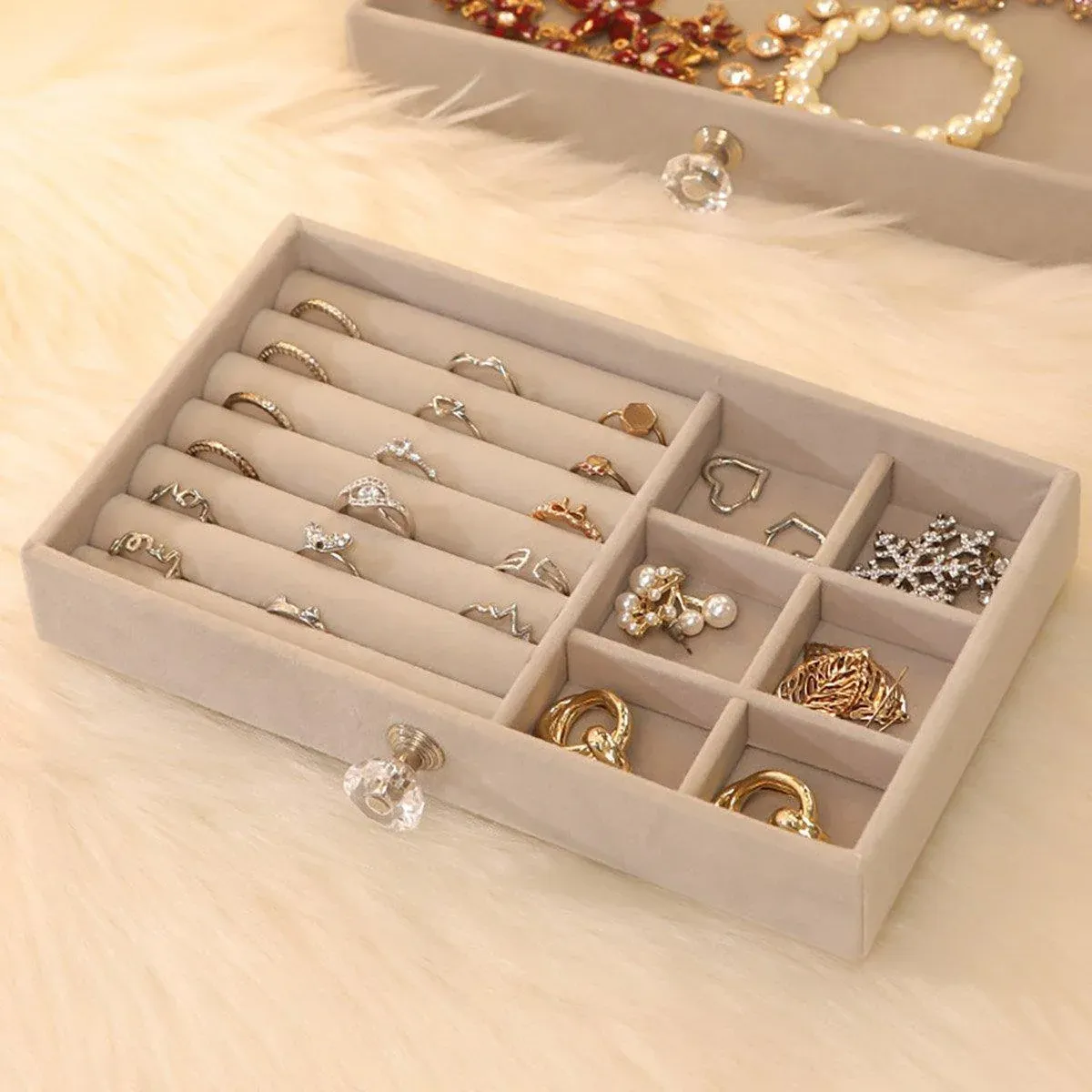 Three Layer Flannel Jewelry Storage Box Dustproof Drawer Organizer for view 8