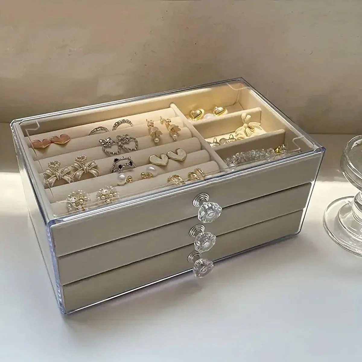 Three Layer Flannel Jewelry Storage Box Dustproof Drawer Organizer for view 9