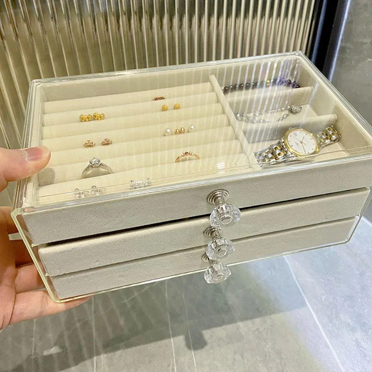 Three Layer Flannel Jewelry Storage Box Dustproof Drawer Organizer for view 10