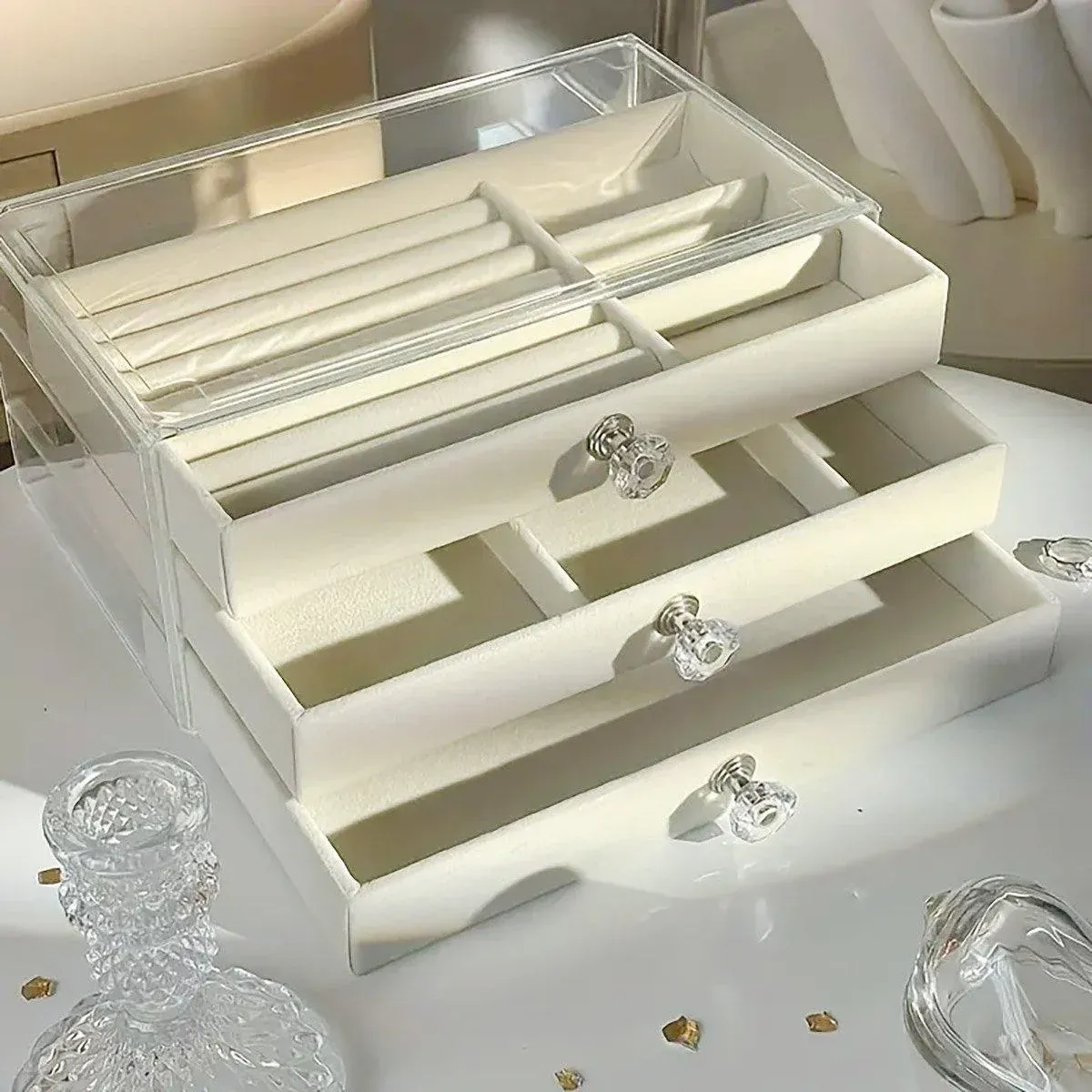 Three Layer Flannel Jewelry Storage Box Dustproof Drawer Organizer for view 11