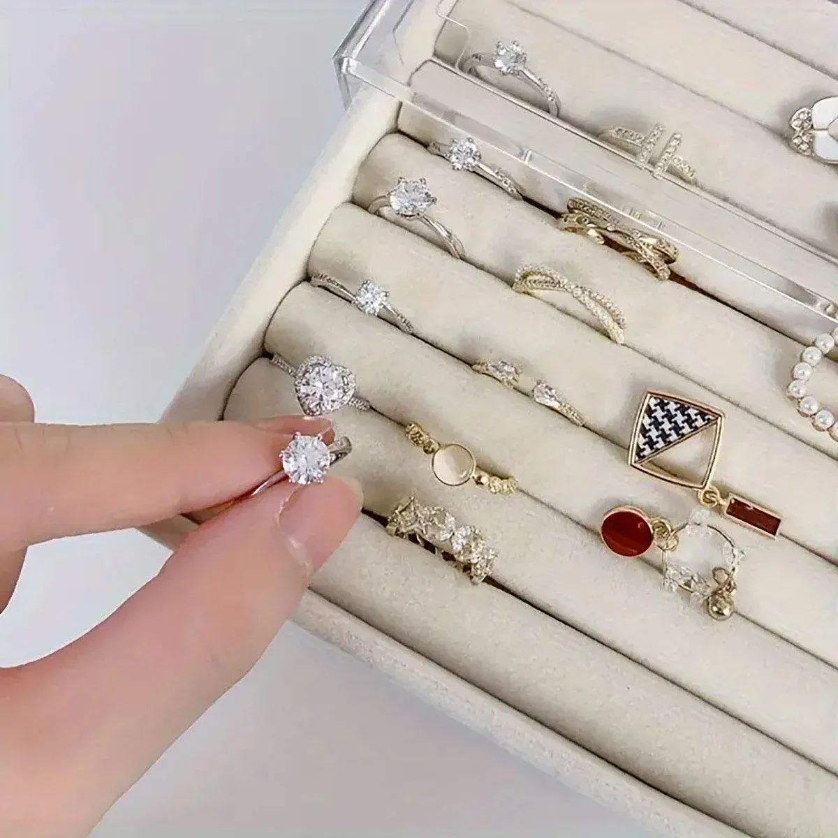 Three Layer Flannel Jewelry Storage Box Dustproof Drawer Organizer for view 12