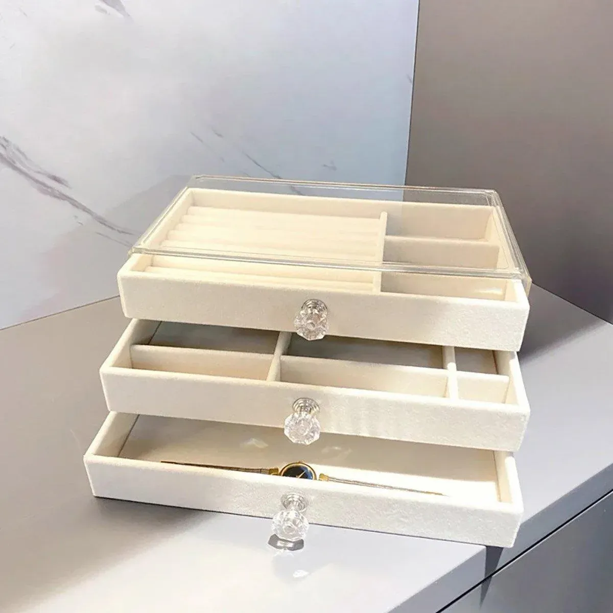 Three Layer Flannel Jewelry Storage Box Dustproof Drawer Organizer for view 14