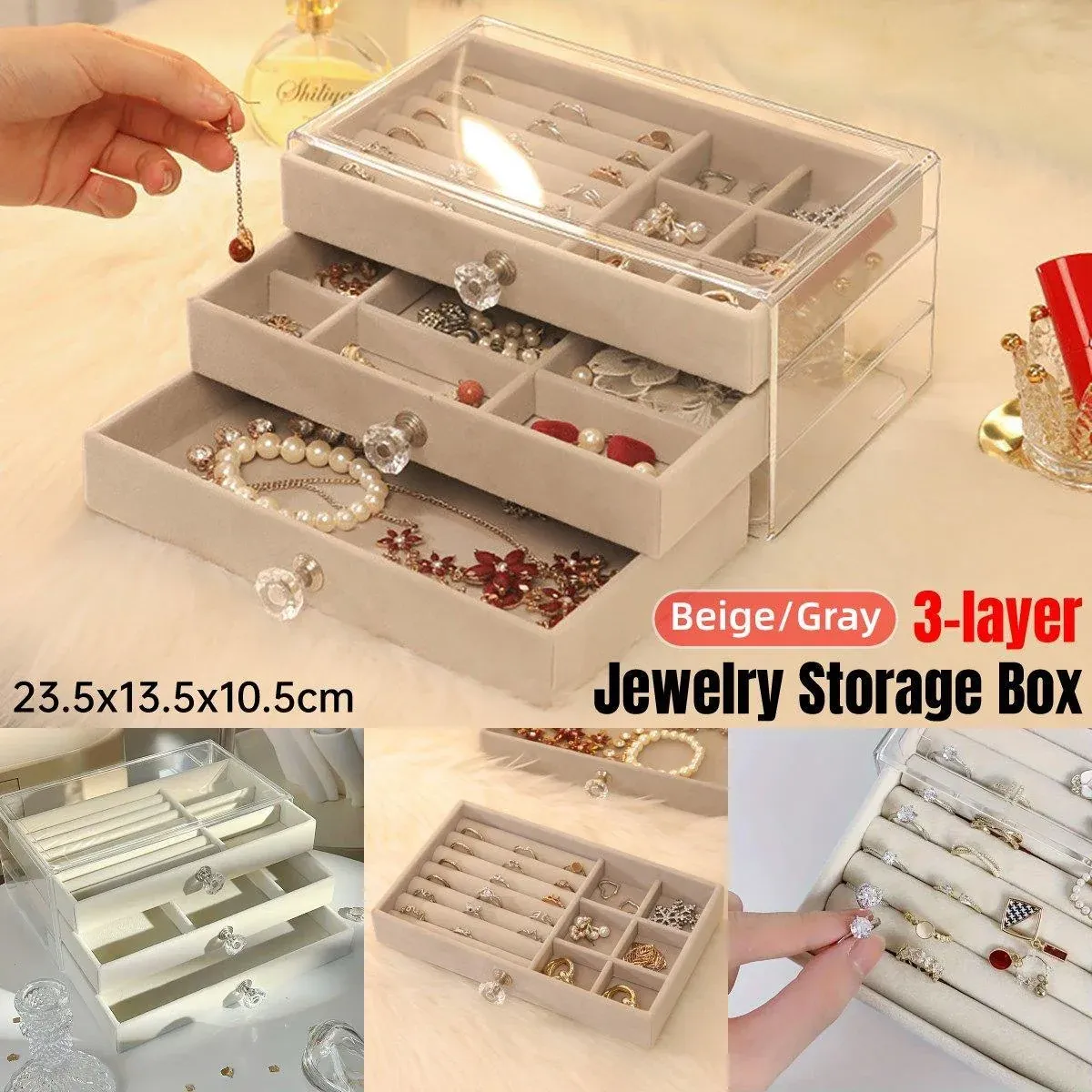 Three Layer Flannel Jewelry Storage Box Dustproof Drawer Organizer for view 15