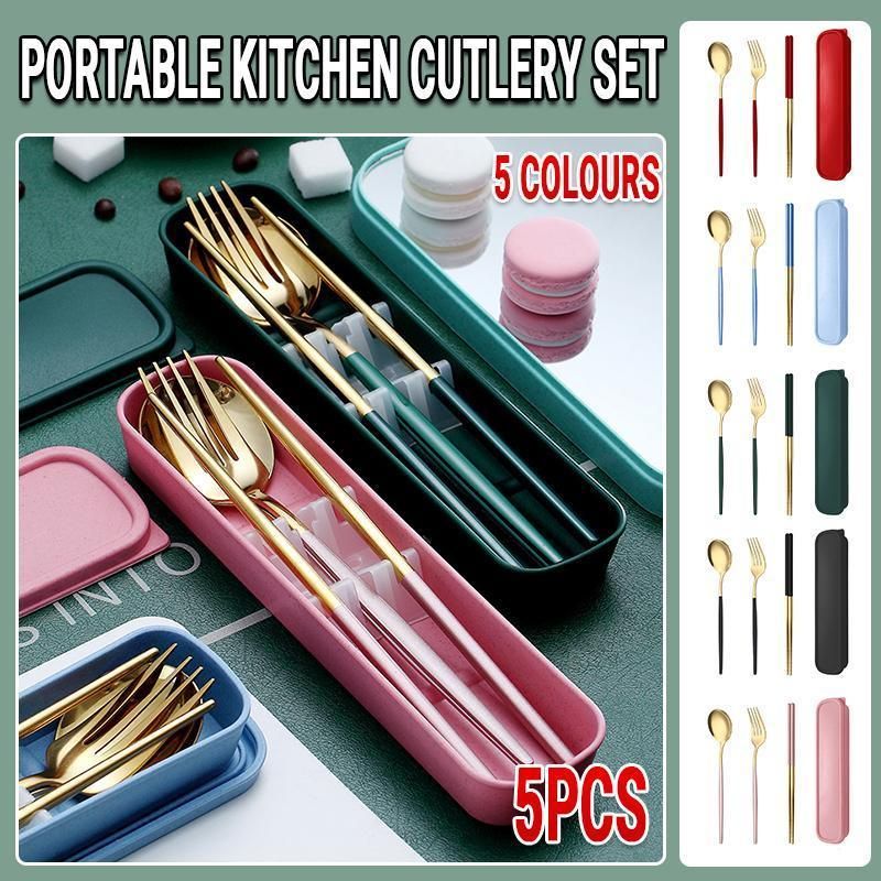 5PC Stainless Steel Portable Cutlery Set - Fork Spoon for Travel & Picnic - Blue view 2