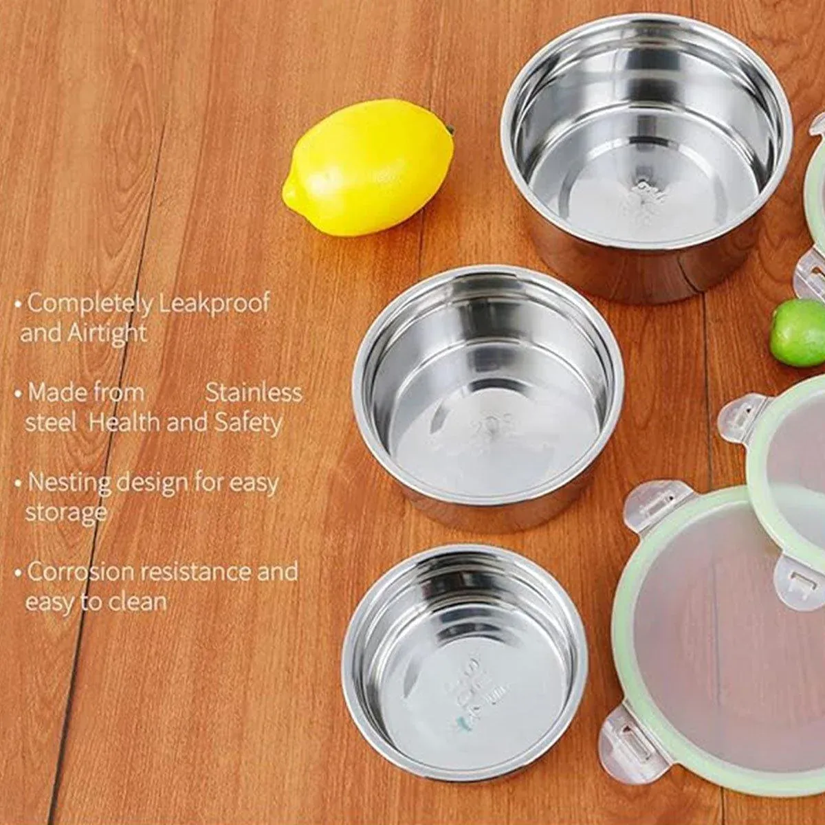 3PCS Stainless Steel Sealed Crisper Storage Box with Lid Round Food Lunch Box view 10