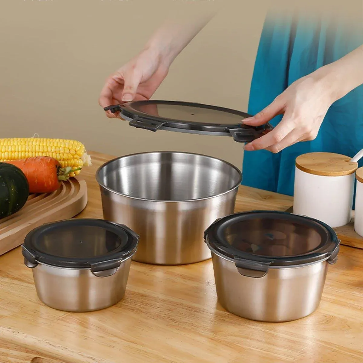 3PCS Stainless Steel Sealed Crisper Storage Box with Lid Round Food Lunch Box view 14