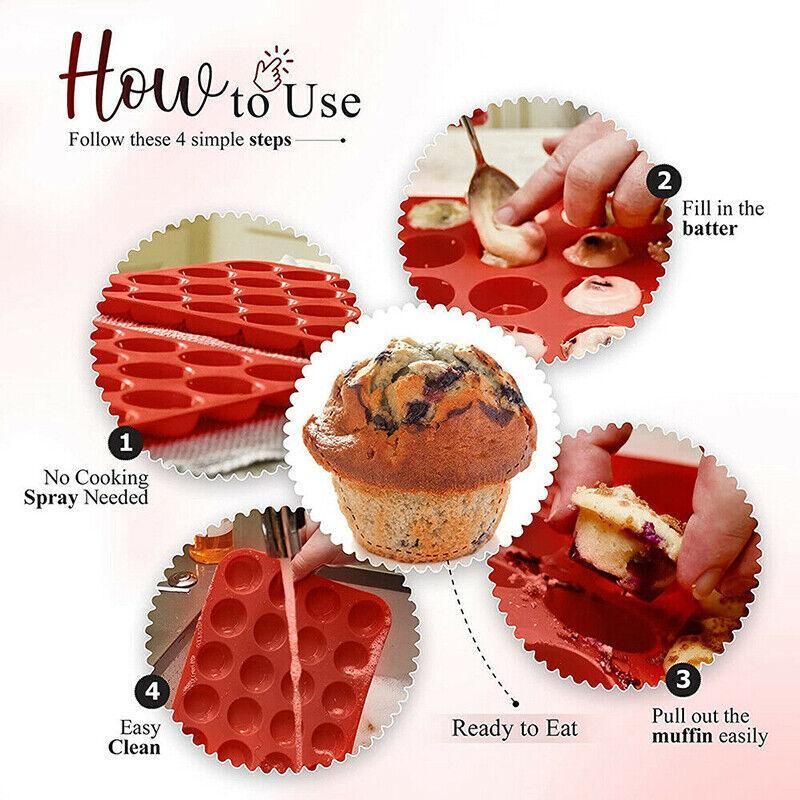 24 Cavity Pan Tray Silicone Mini Cupcake Cookie Baking Mold Au - Red view 12
