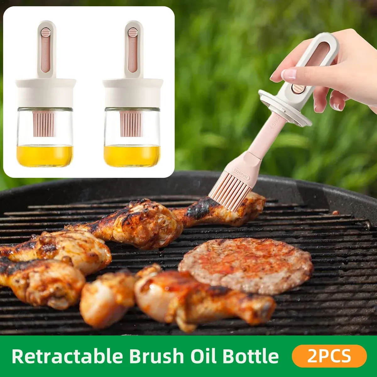 2pcs Glass Oil Bottles with Silicone Brush for Kitchen Cooking Oil Dispenser Set