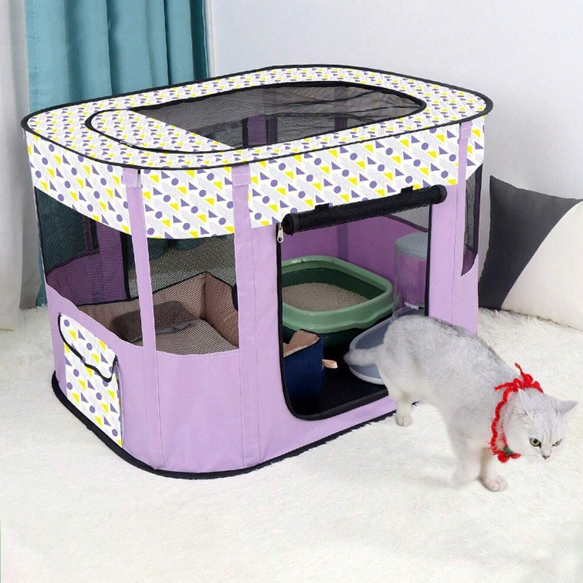 Foldable Cat Dog Kennel Pet Delivery Cage Portable Pet Fence Tent - Purple-L view 5