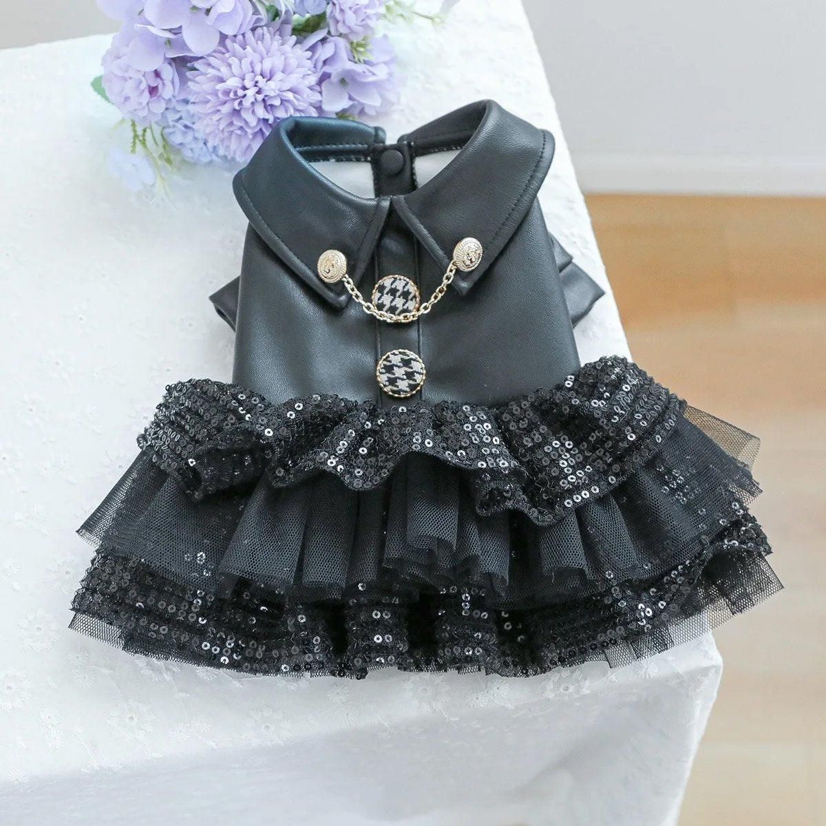 Autumn Winter Pet Dog Cat Dress Faux Leather Sequin Skirt Outfit for Small view 8