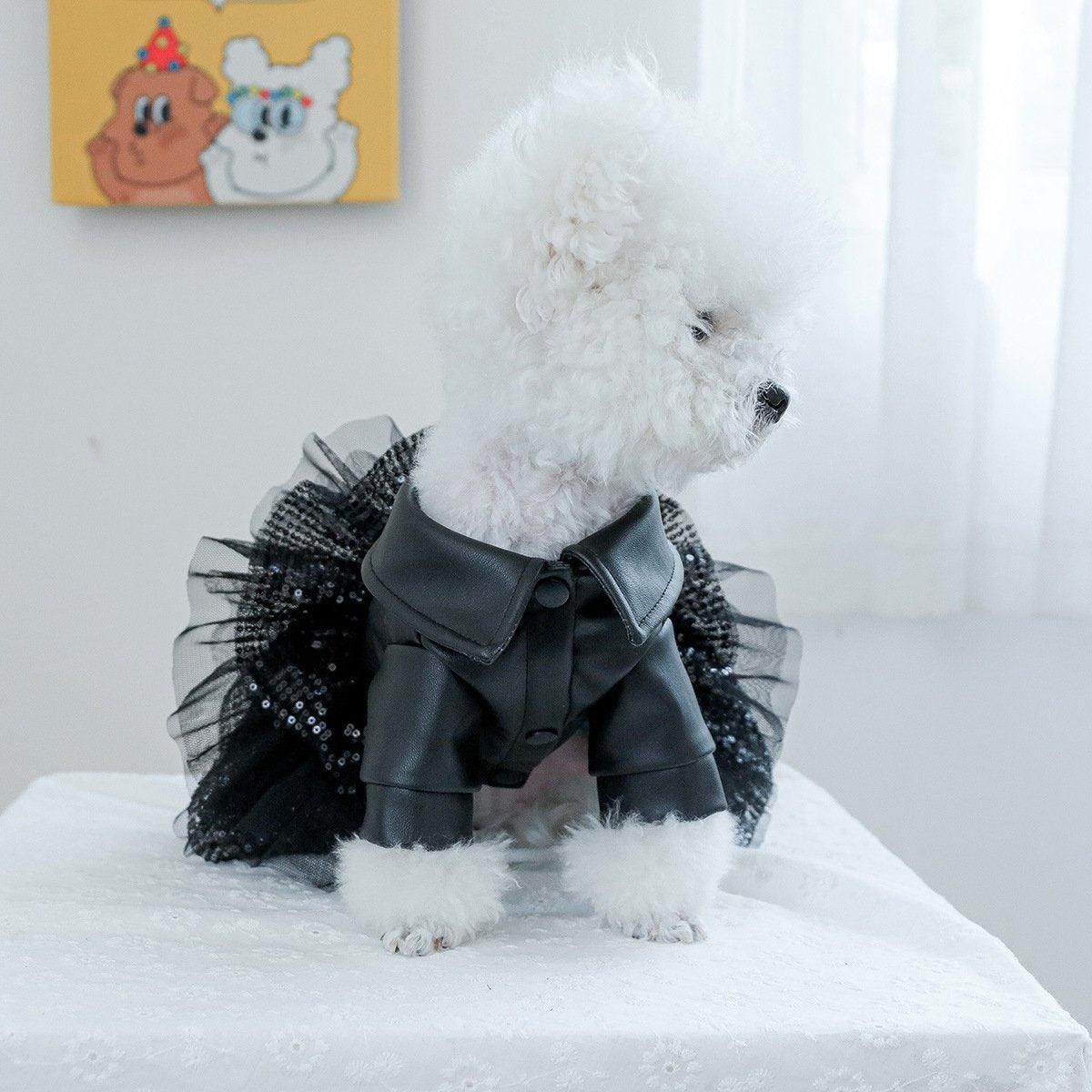 Autumn Winter Pet Dog Cat Dress Faux Leather Sequin Skirt Outfit for Small view 10