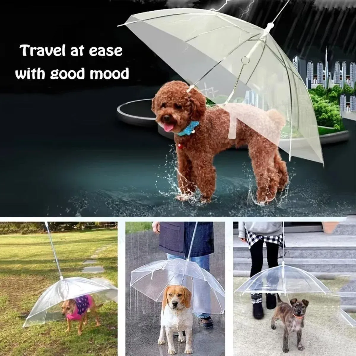 Pet Dog Transparent Umbrella 30 inch Diameter With Dog Leash For Rain Walking view 7