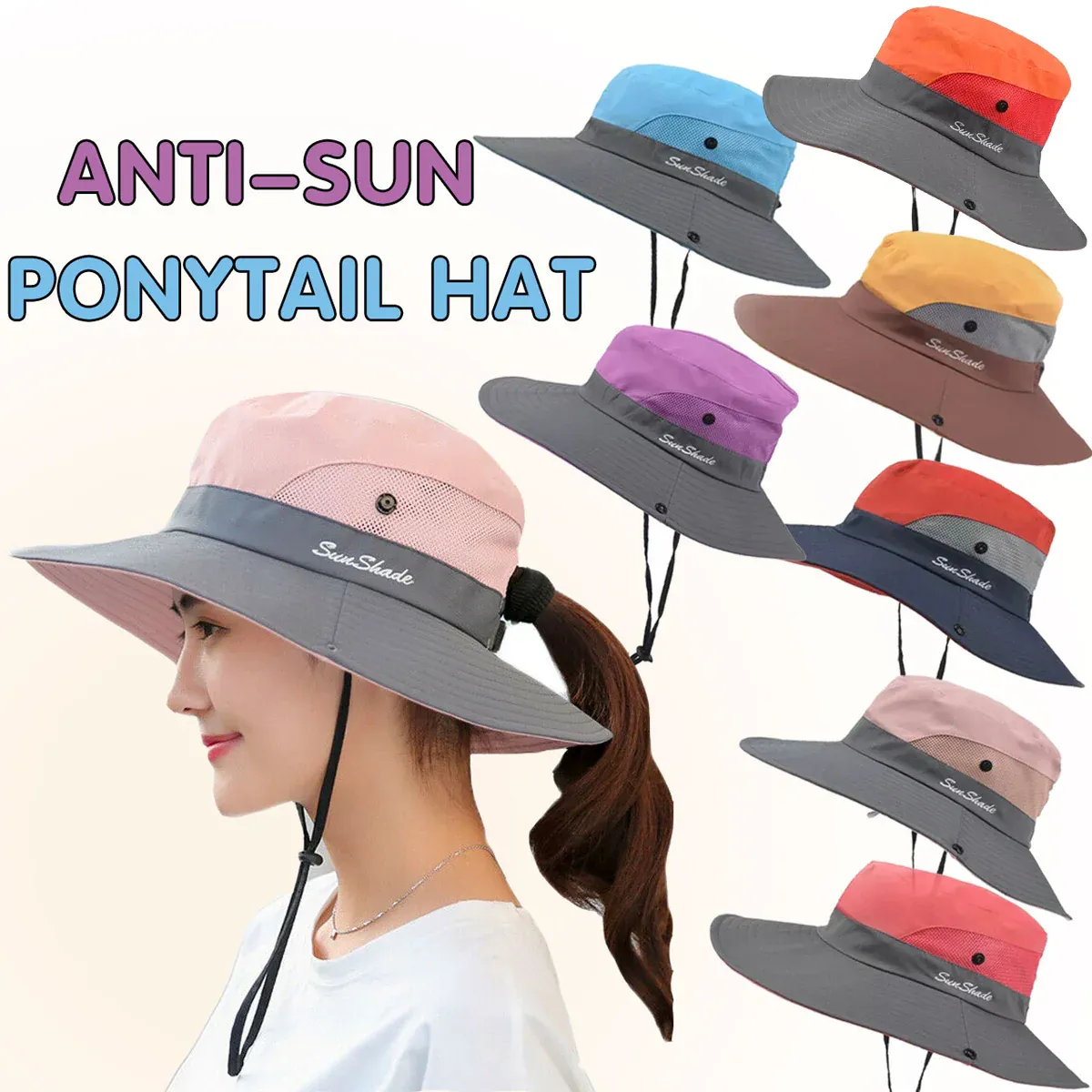 Women Wide Brim Ponytail Hat Sun Protect Visor Summer Beach Cap Anti Uv Floppy view 2