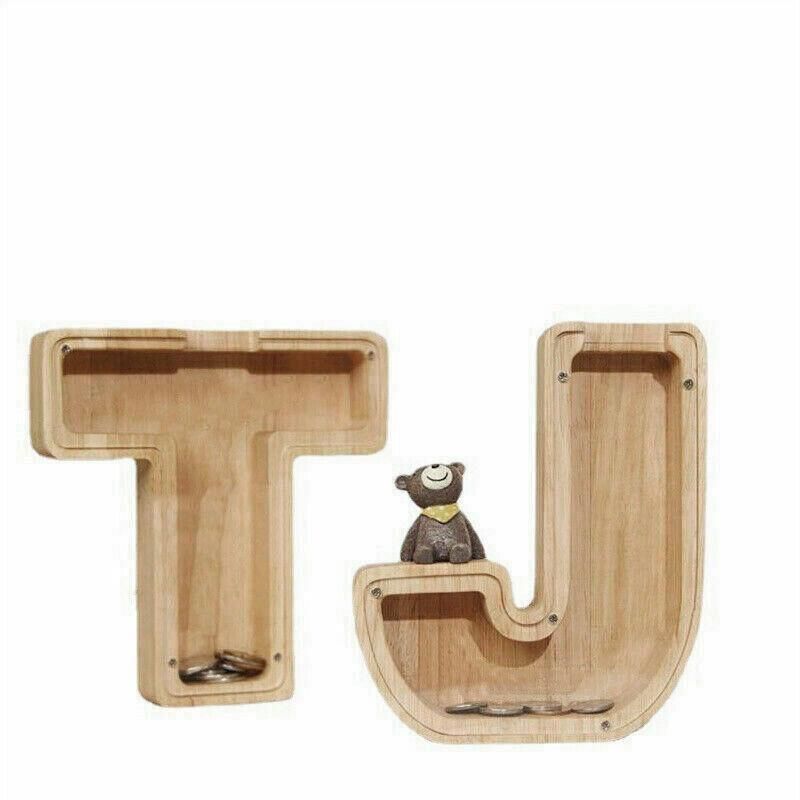 Wooden Piggy Bank Funny Letter or Guitar Coin Saving Money Box A–Z Gift Idea - A view 6