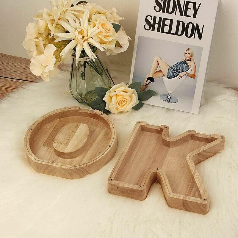 Wooden Piggy Bank Funny Letter or Guitar Coin Saving Money Box A–Z Gift Idea - A view 10