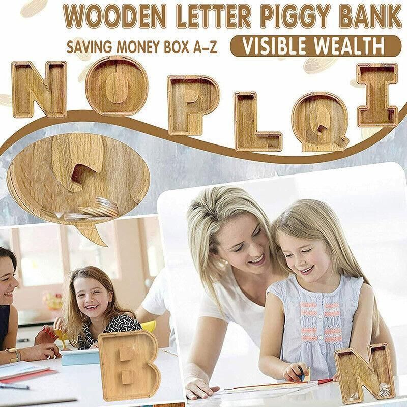 Wooden Piggy Bank Funny Letter or Guitar Coin Saving Money Box A–Z Gift Idea - D view 2