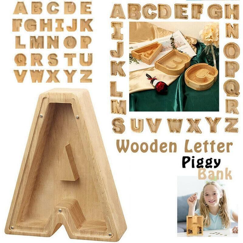 Wooden Piggy Bank Funny Letter or Guitar Coin Saving Money Box A–Z Gift Idea - D view 7