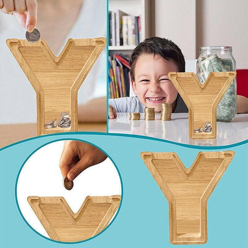 Wooden Piggy Bank Funny Letter or Guitar Coin Saving Money Box A–Z Gift Idea - D view 8