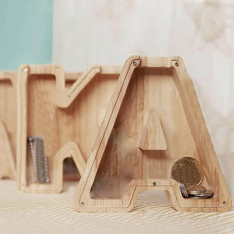 Wooden Piggy Bank Funny Letter or Guitar Coin Saving Money Box A–Z Gift Idea - D view 11