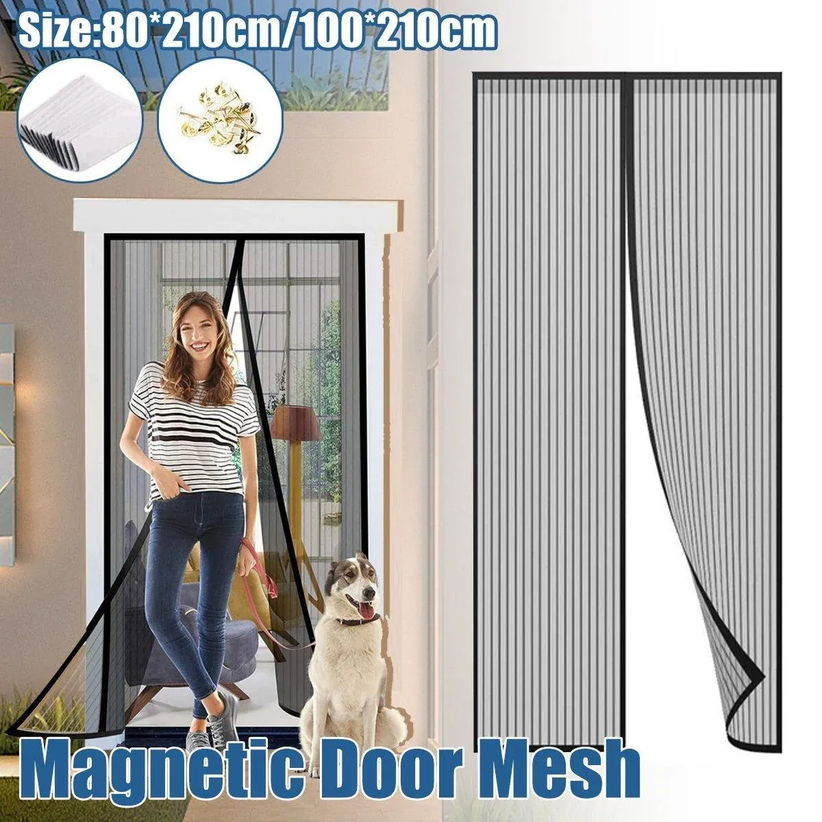 Striped Screen Door Curtain Mesh with Auto Close for Insect Protection and view 2