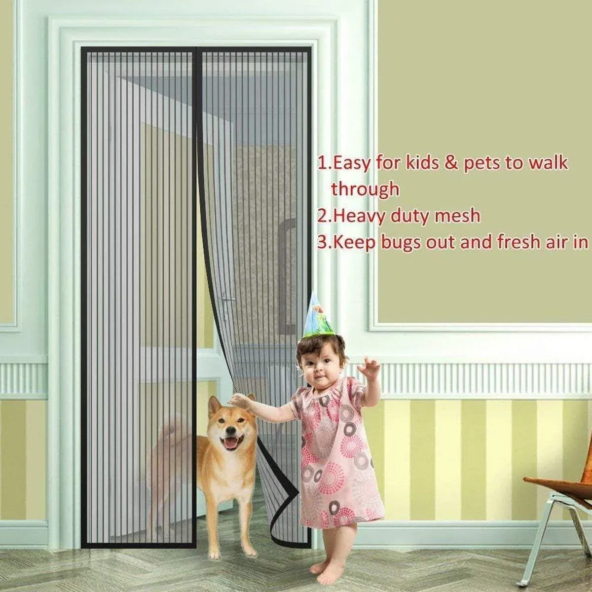 Striped Screen Door Curtain Mesh with Auto Close for Insect Protection and view 11