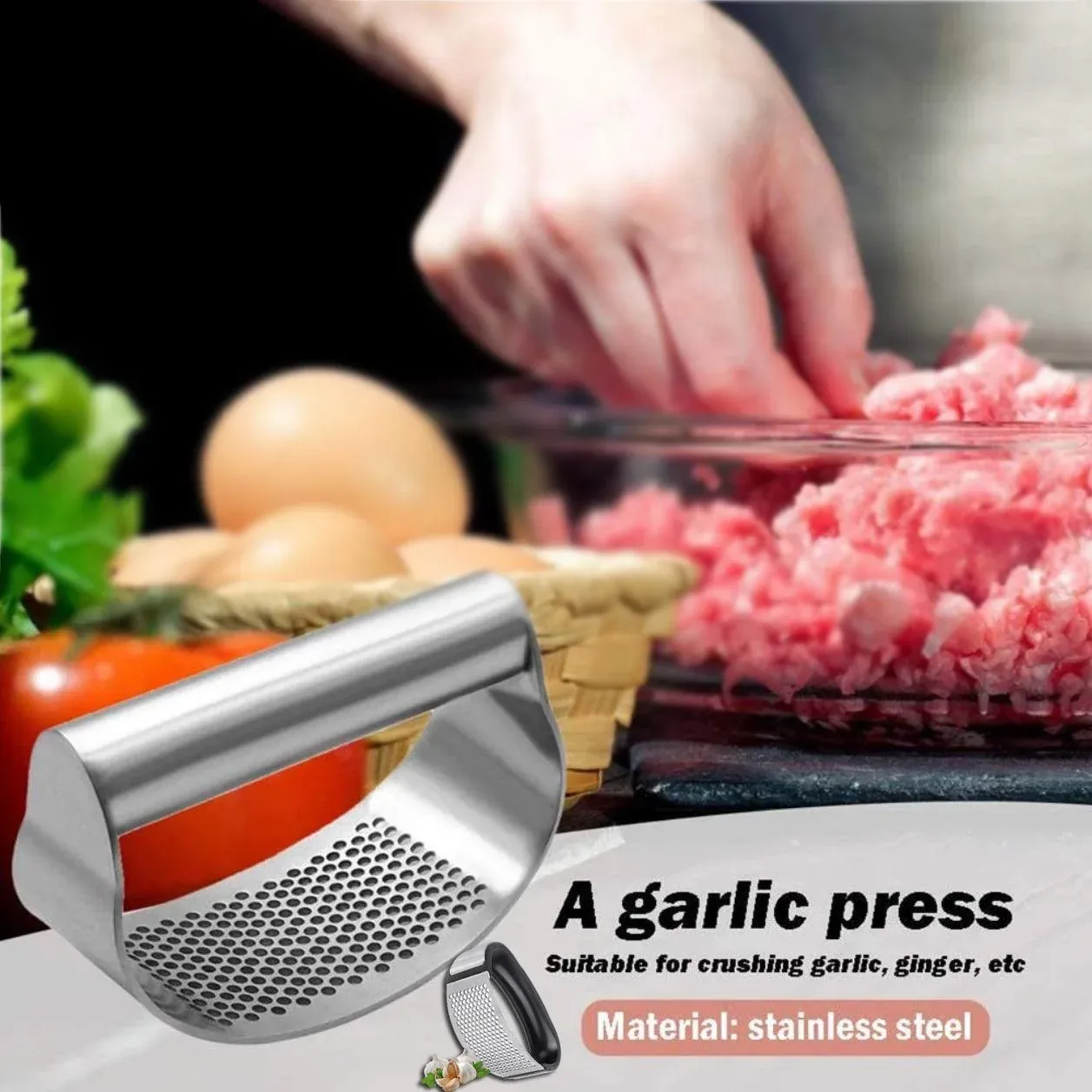Stainless Steel Garlic Masher Press Crusher Squeezer Masher Kitchen Gadget - Black view 2
