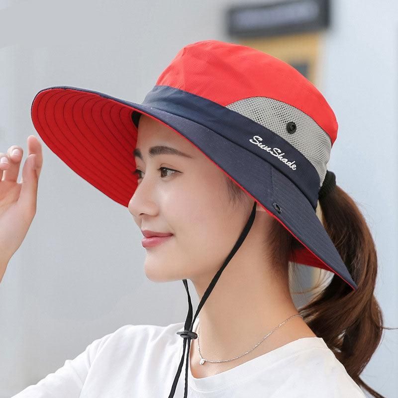 Women Wide Brim Ponytail Hat Sun Protect Visor Summer Beach Cap Anti Uv Floppy view 9