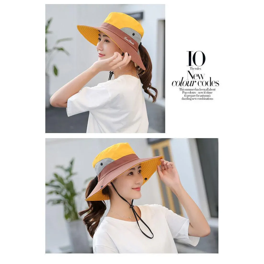 Women Wide Brim Ponytail Hat Sun Protect Visor Summer Beach Cap Anti Uv Floppy view 10