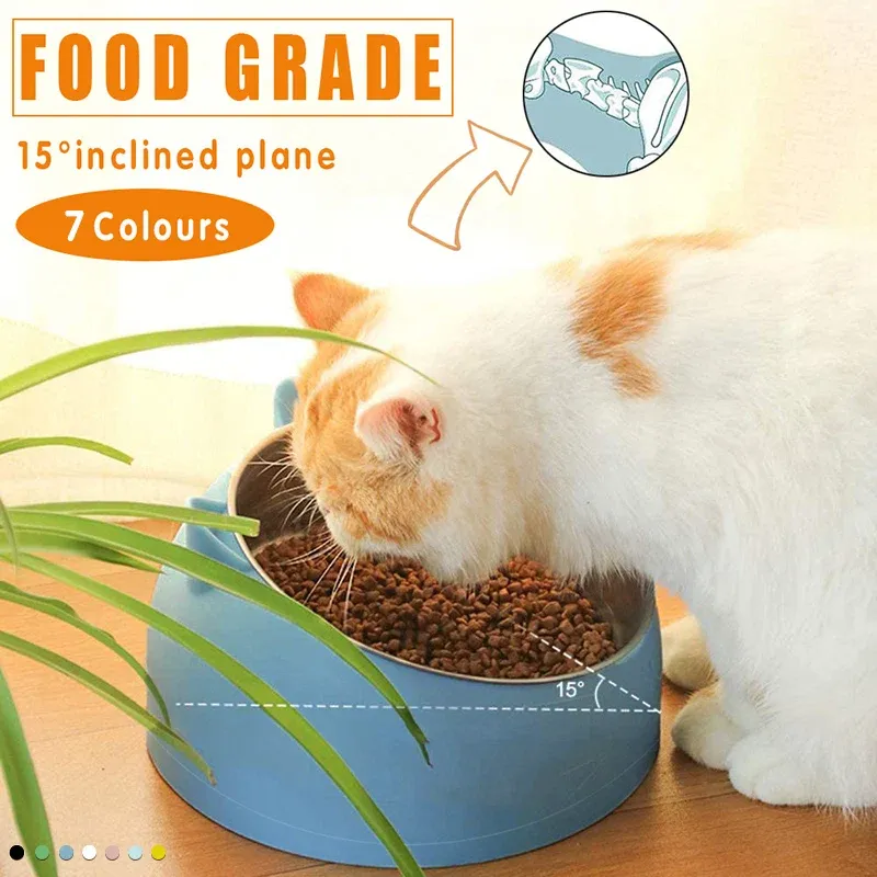 Pet Dog Cat Food Bowl Raised No Slip Stainless Steel Tilted Water Food Feeder view 2