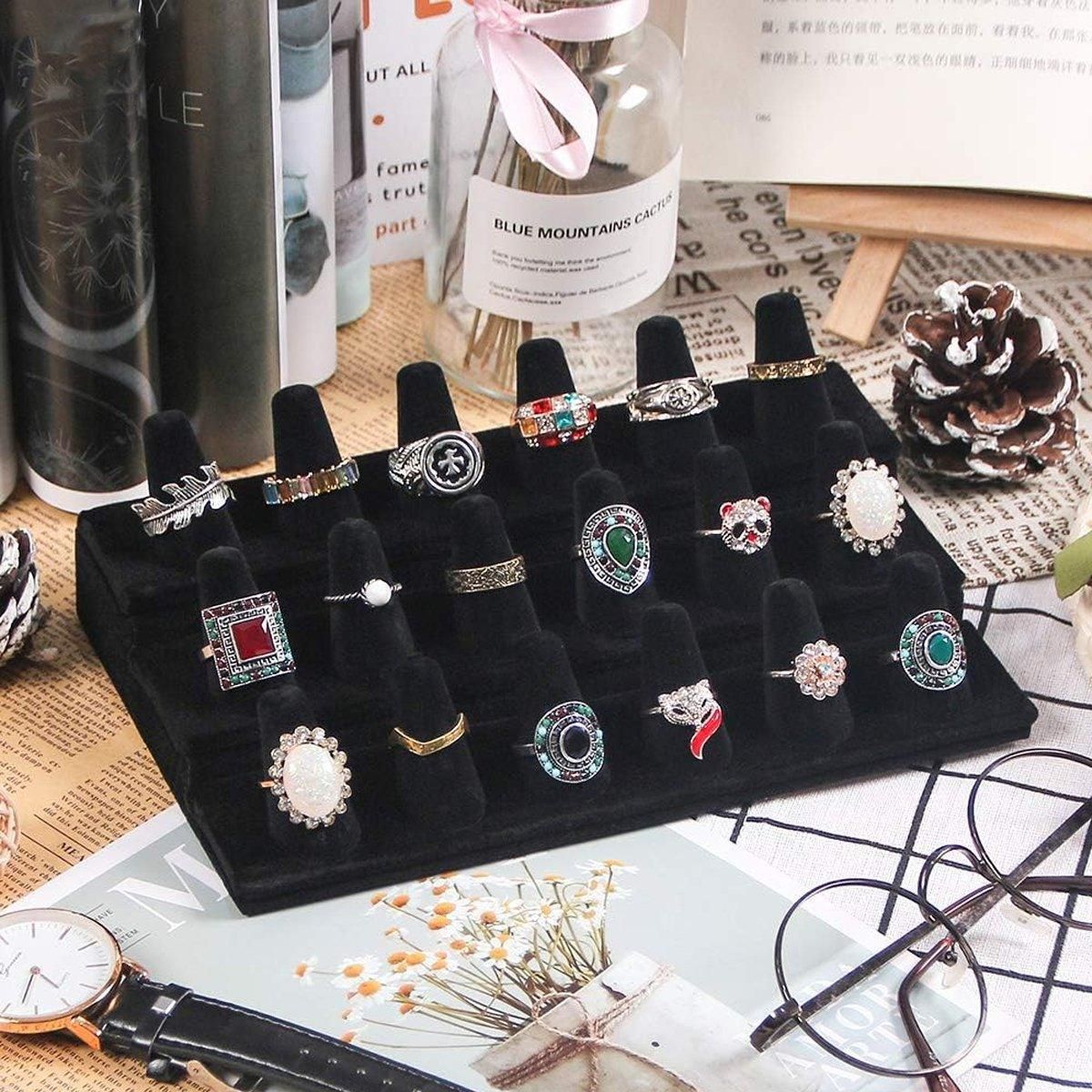 Three Layer Flocking Jewelry Display Stand 18 Finger Ring Organizer Holder view 5