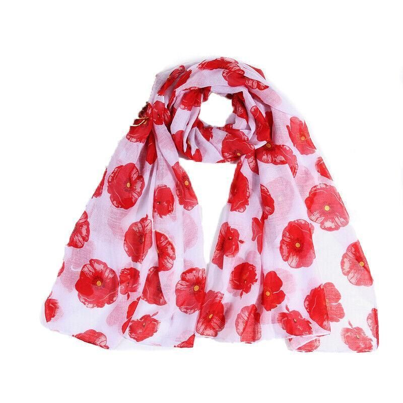 Women Ladies Poppy Print Floral Scarf Remembrance Day Poppies Scarves Wrap