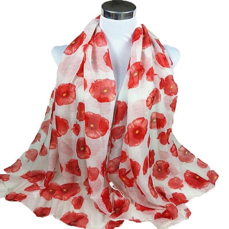 Women Ladies Poppy Print Floral Scarf Remembrance Day Poppies Scarves Wrap view 10
