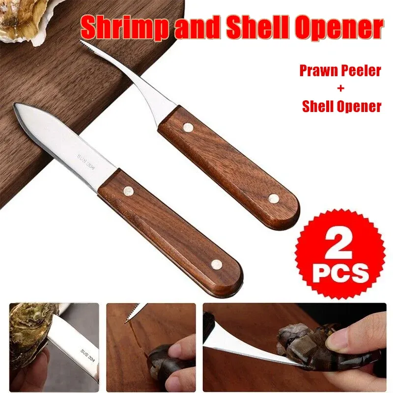 2PCS Shrimp Deveiner and Shellfish Opener Knife Set Stainless Steel Wood Handle